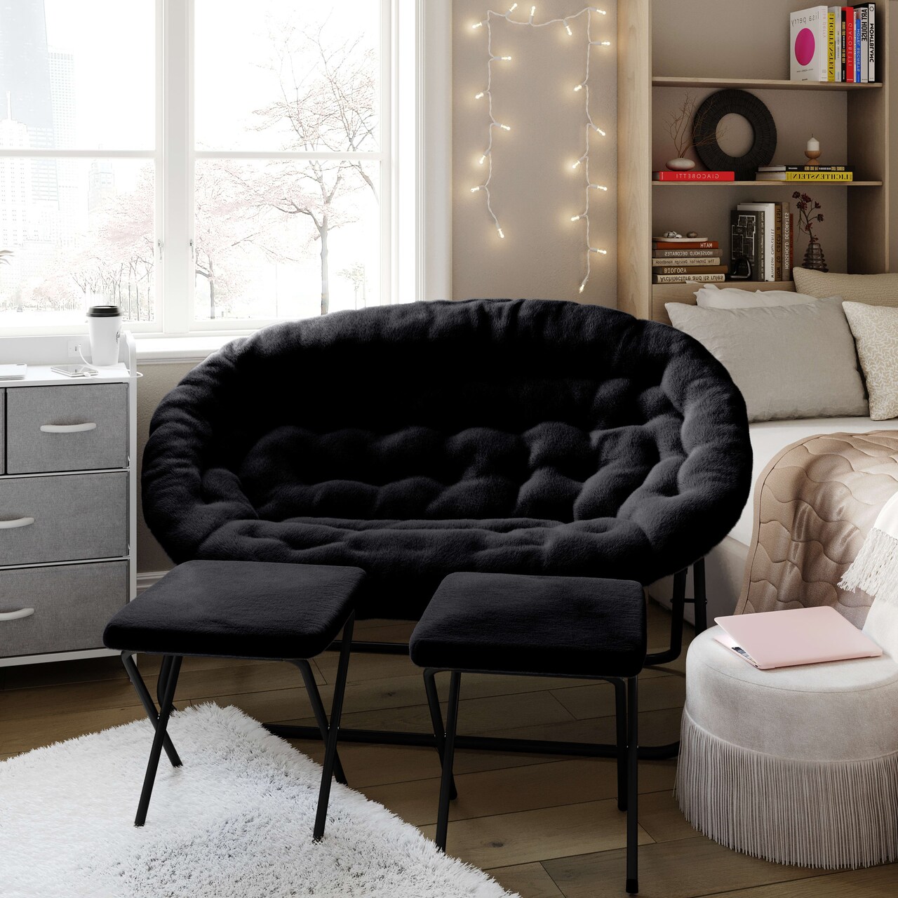 Emma and Oliver Janey Folding Double Saucer Chair with 2 Ottomans and Steel Frame for Dorm or Bedroom